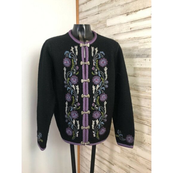 Eagle's Eye Sweaters - Eagles Eye Vintage Womens Black & Purple 100% Wool Embroidered Cardigan S